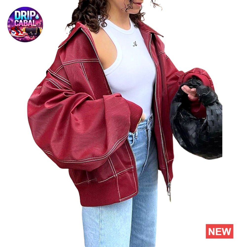 Faux Leather Motorcycle Jacket Oversized Zip Up Biker Chic Outerwear